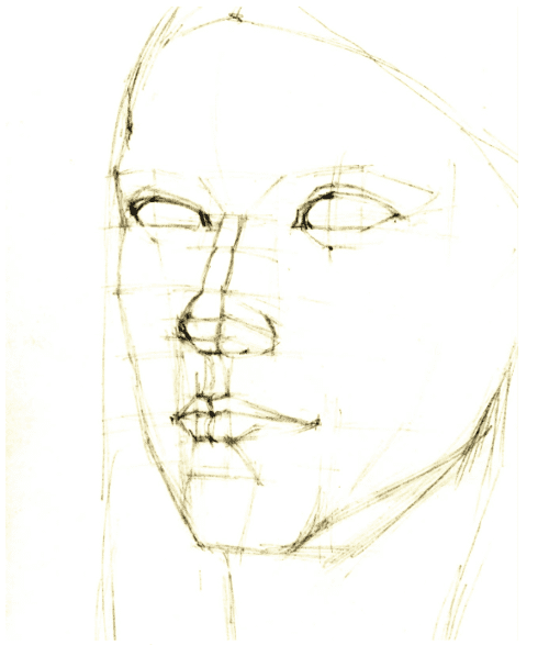 Sketch of a human face in progress.