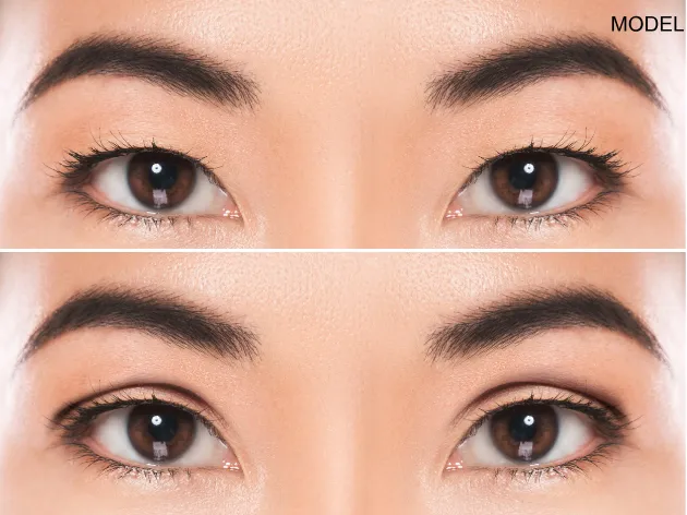 Close-up comparison of a person's eyes before (top) and after (bottom) makeup application, highlighting changes in eyeliner, lashes, and overall eye definition—similar to enhancements seen after Houston blepharoplasty.