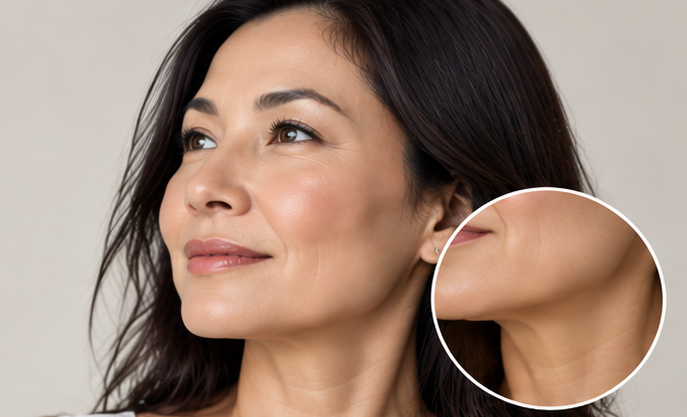 52-year-old Asian woman with minimal facial aging, defined jawline, and minimal neck laxity