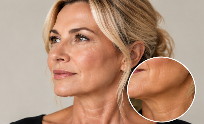 52-year-old woman showing mild jowling, reduced jawline definition, and early neck laxity