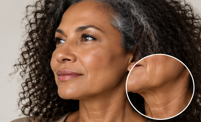 52-year-old Black woman showing midface aging, jowling, and increased neck laxity