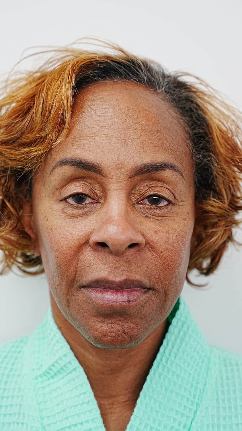 Vivian before revision facelift surgery, front view