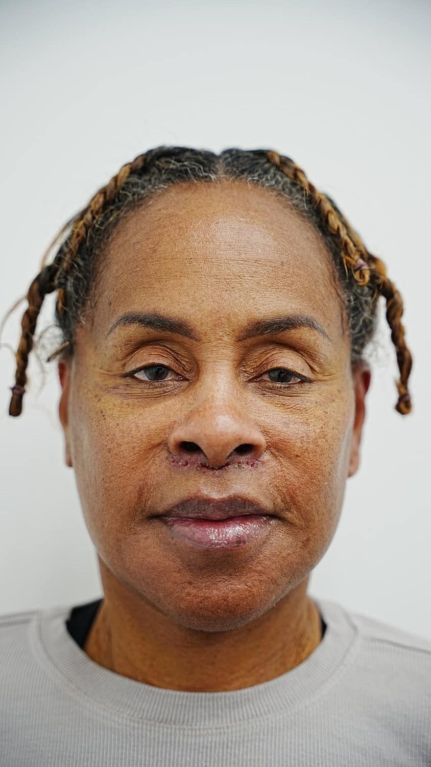 Vivian 7 days after revision facelift surgery, front view