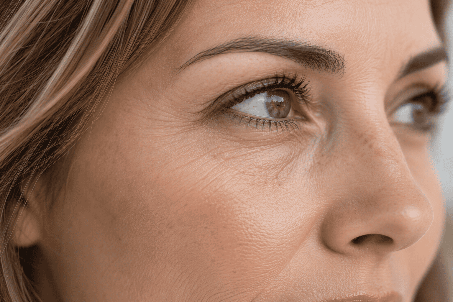 Close-up showing fine lines and crepey skin texture beneath the lower eyelid.