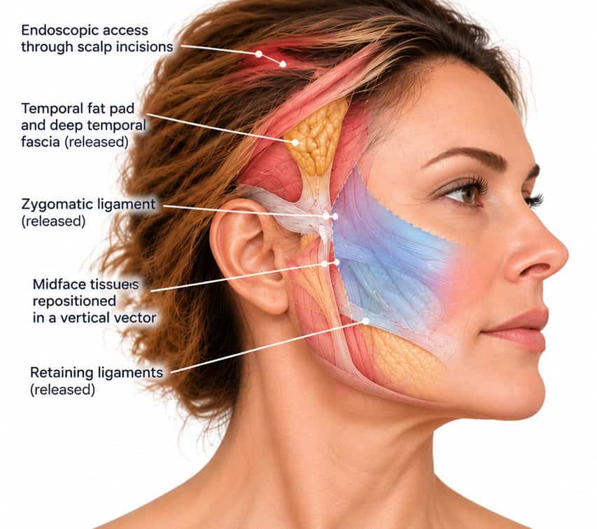 Endoscopic vertical-vector deep plane midface lift anatomy showing scalp access, retaining ligament release, and midface tissue repositioning