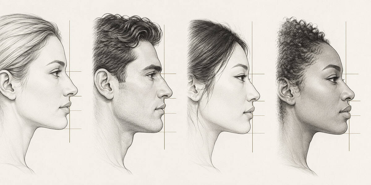 Line art profiles of diverse faces illustrating differences in facial proportions and balance