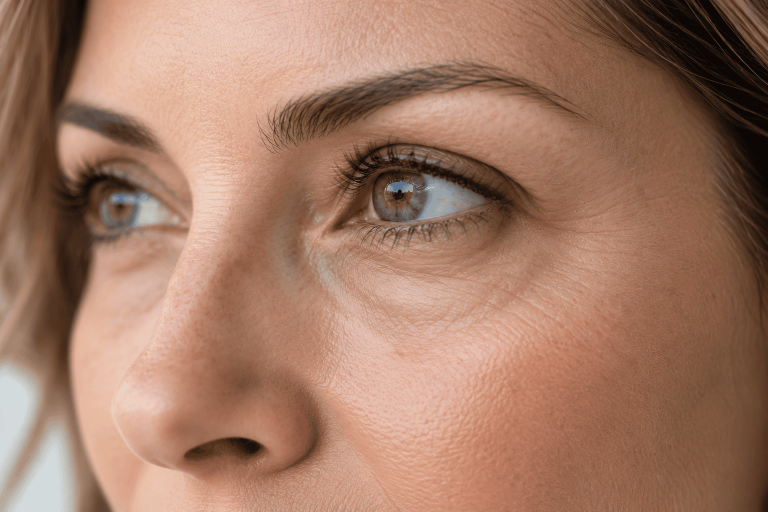 Close-up showing the transition between the lower eyelid and cheek in the under-eye area.