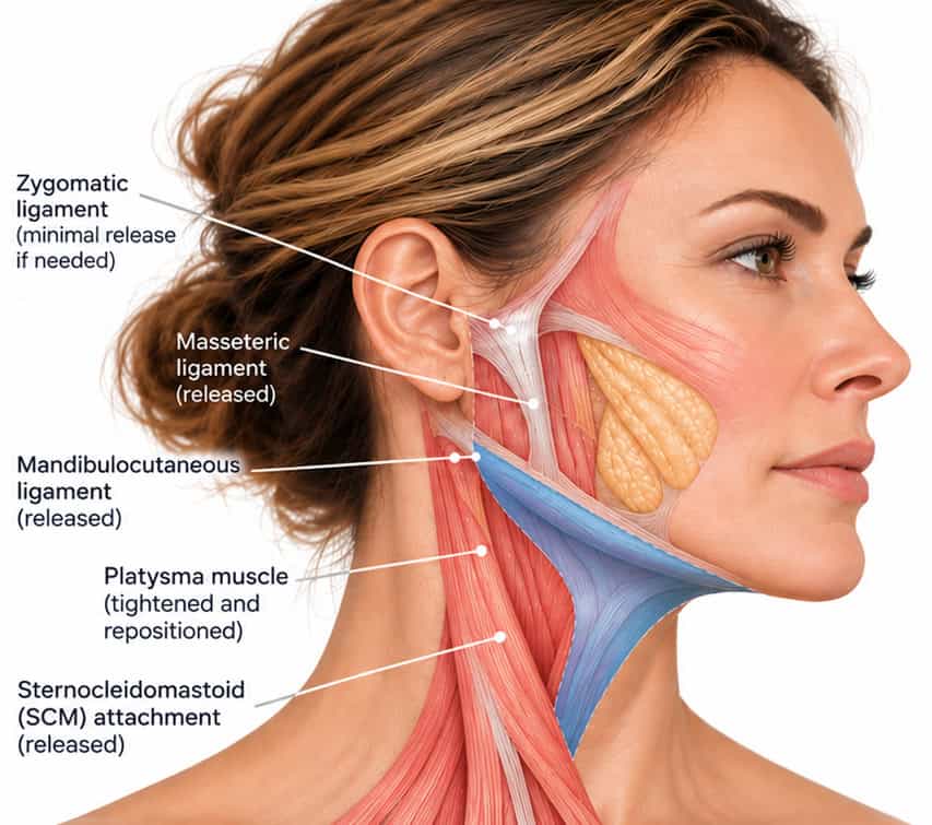 RT Mini Facelift anatomy showing the retaining ligaments, platysma, jawline, and neck structures addressed during surgery